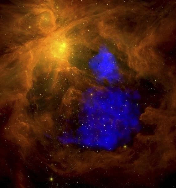 The Orion nebula in the infrared overlaid with XMM-Newton X-ray data in blue