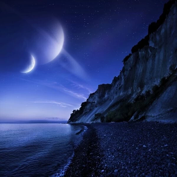Two planets hover over a tranquil sea and Mons Klint cliffs, Denmark