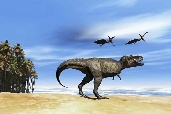 Pterodactyls fly over a beastly Tyrannosaurus Rex
