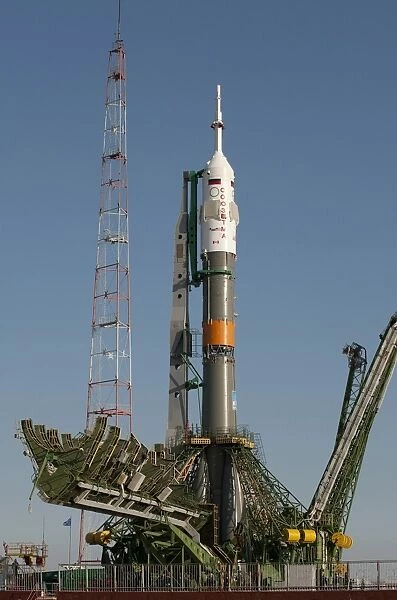 The Soyuz rocket shortly after arrival to the launch pad at the Baikonur Cosmodrome