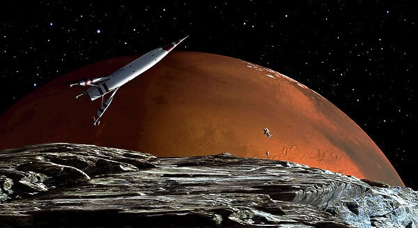 A spaceship in orbit over Mars moon, Phobos, with the red planet Mars in the background