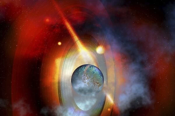 A supernova star explodes near a ringed planet