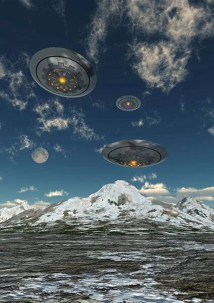 UFOs flying over a mountain range