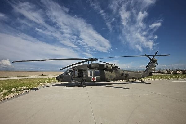 A UH-60L Blackhawk parked on its pad in Kunduz, Afghanistan