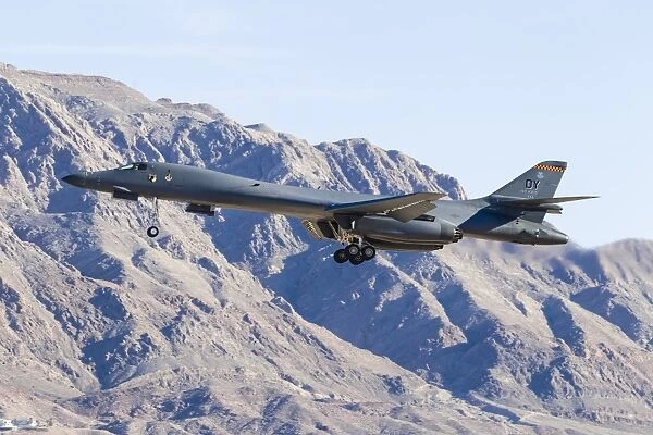 A U.S. Air Force B-1B Lancer on final approach to Nellis Air Force Base, Nevada