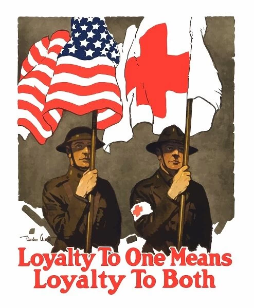 Vintage World War I poster of two soldiers holding flags