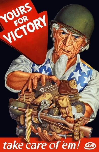 Vintage World War II poster of Uncle Sam wearing a helmet and holding supplies