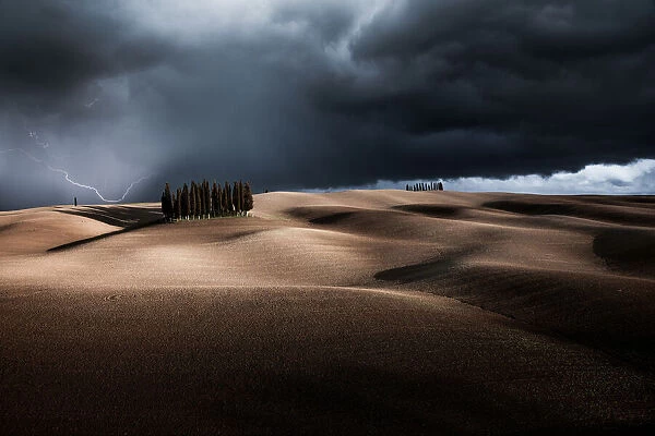 Dies Irae. Cypress trees and Stormy weather, Val d'Orcia, Tuscany.