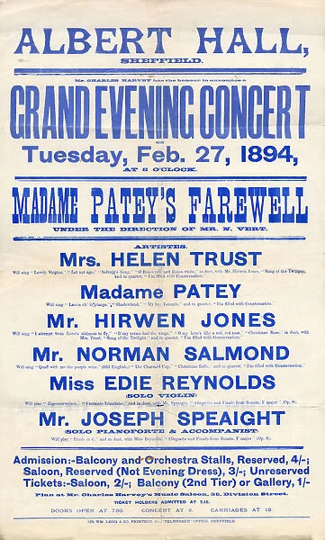 Albert Hall, Sheffield. Grand evening concert : Madame Pateys farewell, 1894