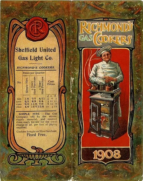 Calendar for 1908 with advertisement for Sheffield United Gas Company and Richmond Gas Cookers