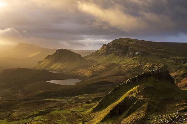 Quiraing in morning light, eastern face of Meall na Suiramach, Northern most summit of Trotternish. Isle of Skye, Scotland, UK. November 2021