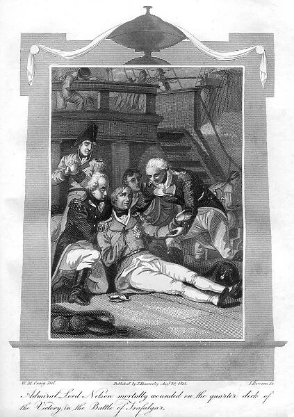 Admiral Nelson lying mortally wounded on the quarter deck of HMS Victory, 1816.Artist: I Brown