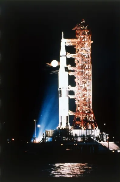 Apollo 9 Saturn V rocket with full moon, 1969. Creator: NASA