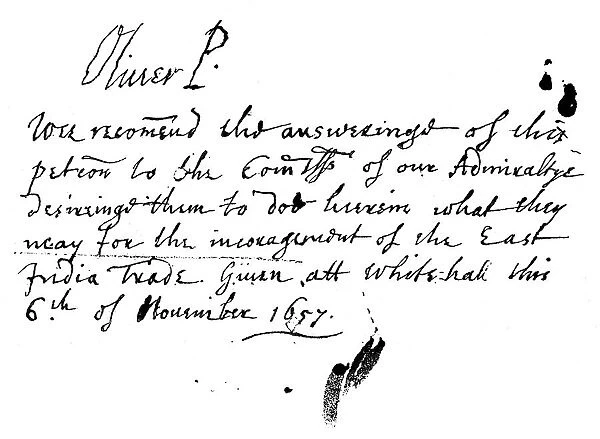 Autograph note of Oliver Cromwell to a petition of the East India Company, November 1657, (1893)