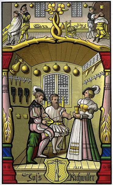 Barber and wigmaker, 16th century (1849). Artist: H Moulin