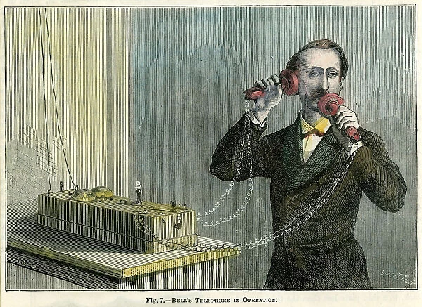 Bells telephone in operation, late 19th century. Artist: Gilbert