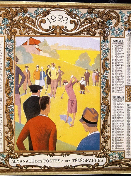 Calendar with a golfing theme, French, 1923