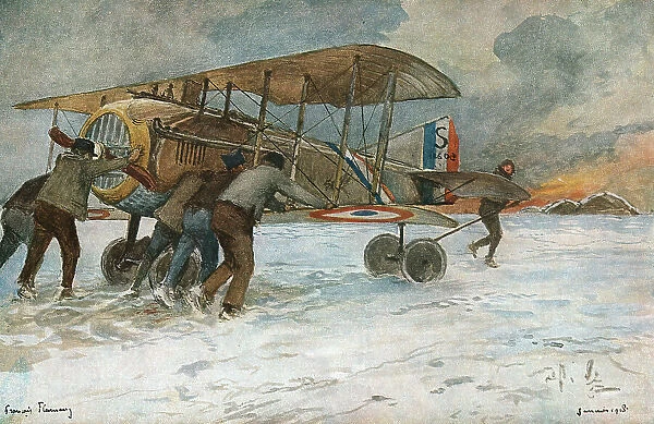 Combat Aerien; Retree d'Spad qui a atterri loin des hangars, a l'autre extremite... 1918. Creator: Francois Flameng