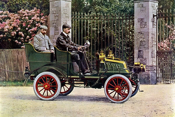 Two Edwardian gentlemen sitting in a motor car, 1902-1903. Artist: John Swan & Son