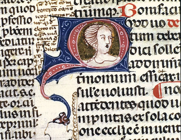 Face of a lady, illuminated initial letter of Decretals (Liber sextus decretalium