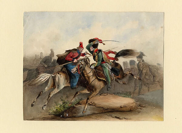 French Horse Chasseurs of the Imperial Guard in Combat with the Russian Cossacks, c. 1830. Artist: Finert (Finart), Noel Dieudonne (1797-1852)