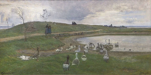 Geese by a lake, unsettled weather, Dragør, 1897. Creator: Viggo Johansen