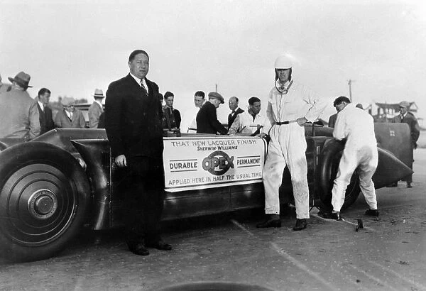 Henry Segrave and Golden Arrow at Daytona 1929 promoting Opex Lacquer. Creator: Unknown