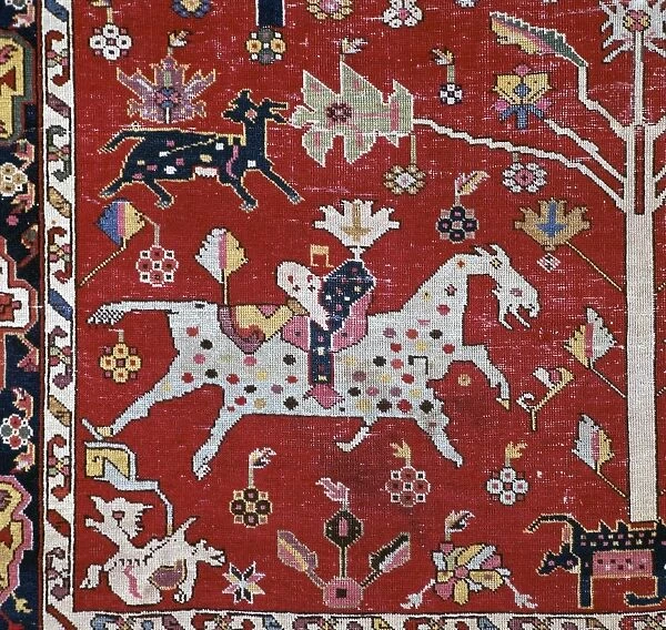Detail of a horse, dog and tree on a Caucasian Hunting carpet, 17th century