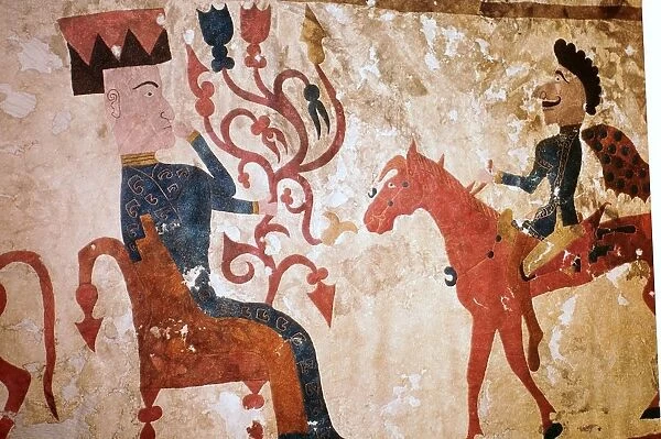 Detail of a horseman and seated man from felt Scythian wall-hanging