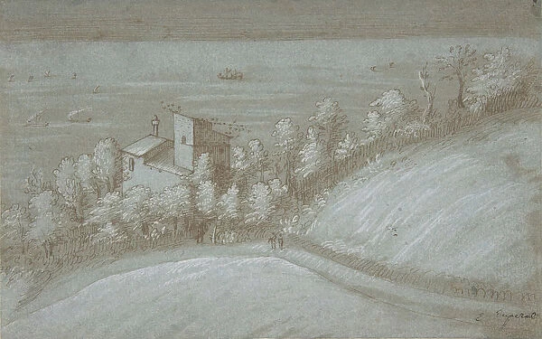 A House with a Dovecote and Trees by the Sea, 16th century. Creator: Gherardo Cibo