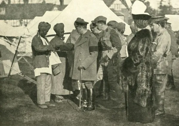 King George and Queen Mary visit wounded soldiers, First World War, 1915, (c1920)