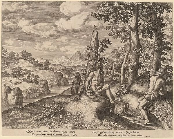 Landscape with Three Nude Men and a Dog. Creator: Johann Sadeler I