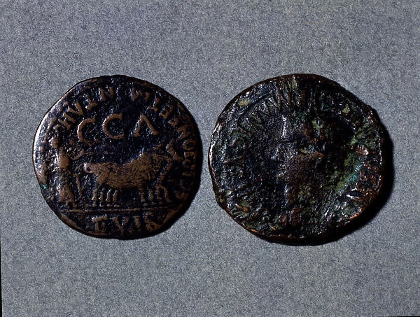 At left a coin with the legend Scipione er Montano II vir CCA, at right the front