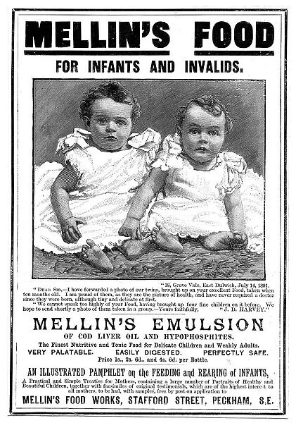 Magazine advertisement for Mellins Emulsion, a food supplement based on cod liver oil, c1890
