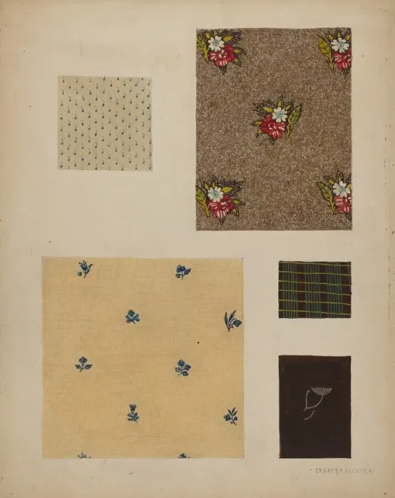 Framed Print : Materials from Patchwork Bedspread Print, c. 1936 Framed Print : Materials from Patchwork Bedspread Print, c. 1936