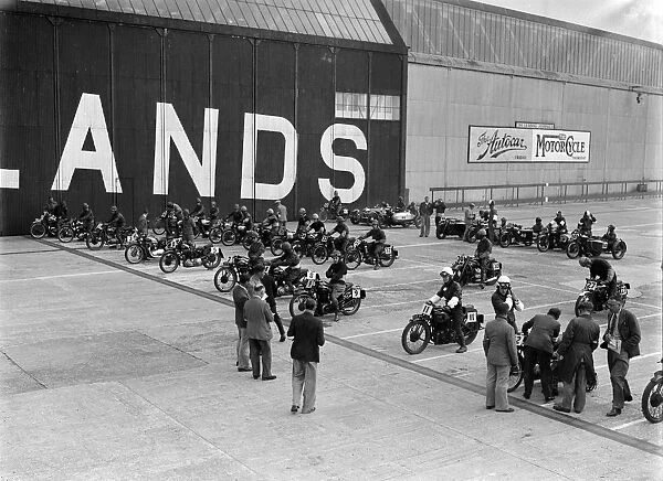 Motorcycles on the start line at the MCC Members Meeting, Brooklands, 10 September 1938