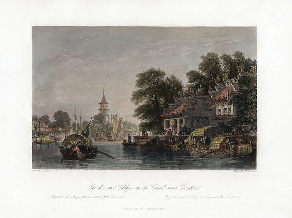 Pagoda and Village, on the Canal near Canton, China, c1840. Artist: WH Capone