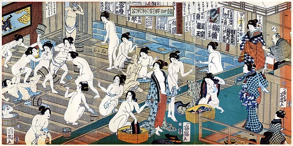 Quarreling and scuffling in a womens bathhouse, Japan.Artist: Yoshiiku