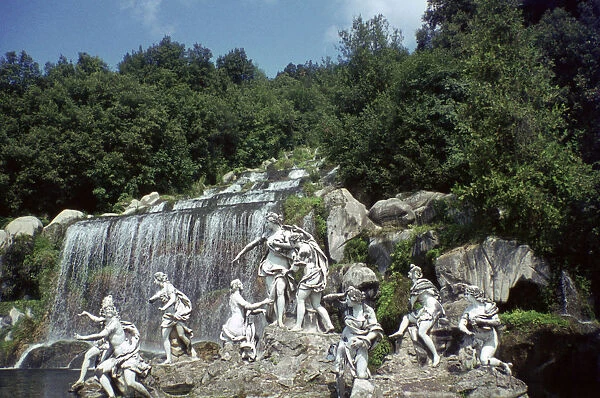 Sculpture by a cascade, Palace of Caserta, Campania, Italy