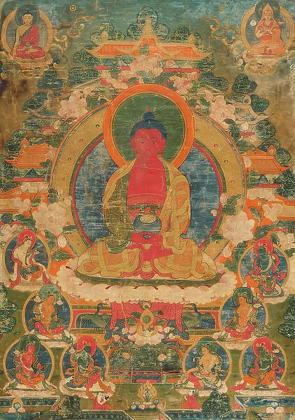 A thangka of Amitabha in the Pureland of Sukhavati, 18th century. Creator: Tibetan culture