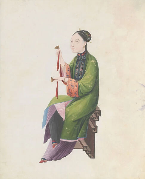Watercolour of musician playing bo, late 18th century. Creator: Unknown