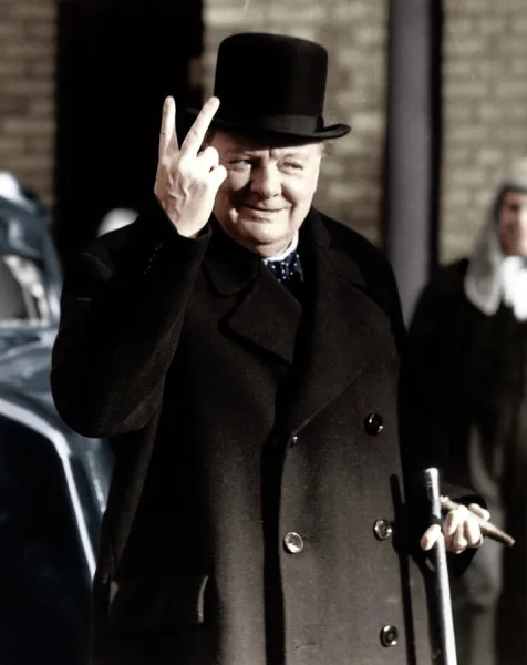 Winston Churchill making his famous V for Victory sign, 1942