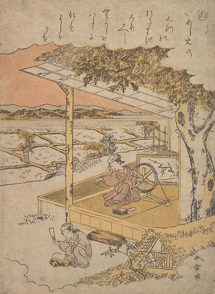 Woman on Veranda, Spinning..., 18th century. Creator: Shunsho