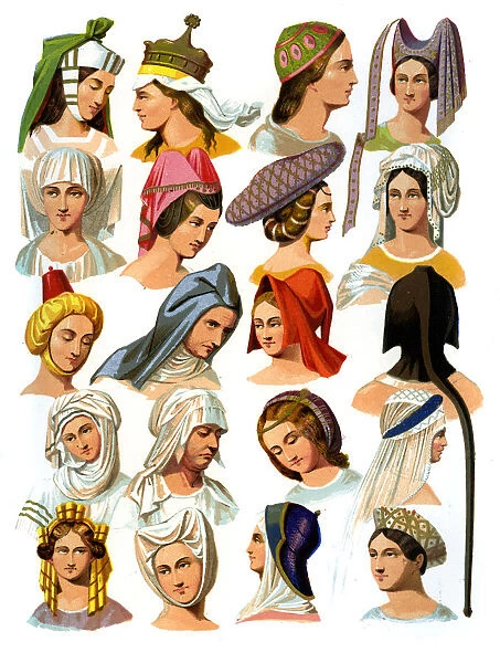 Womens hats of different classes of society, 13th-16th century (1849). Artist: Thurwanger Freres