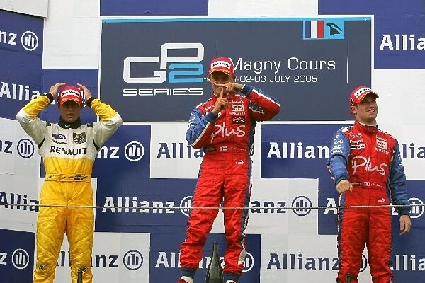 Grand Prix 2: Jose Maria Lopez DAMS, Heikki Kovalainen Arden International and Nicolas Lapierre Arden International on the podium