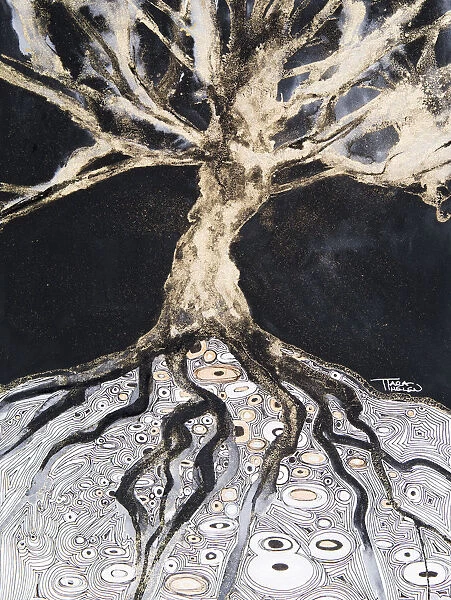 Abstract Watercolor Painting Of A Tree And Its Roots