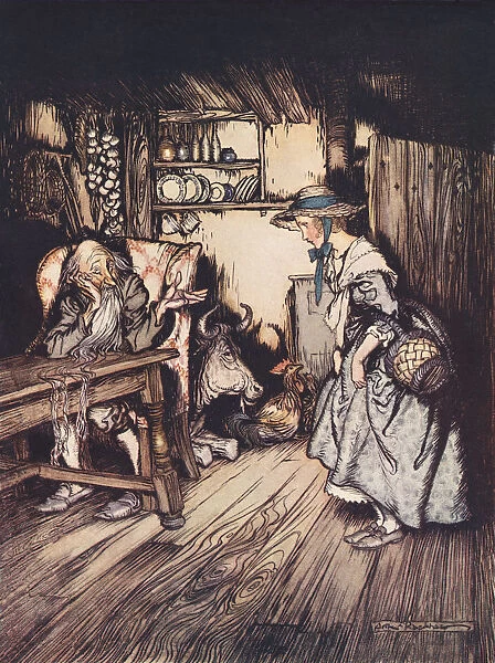 She Begged Quite Prettily To Be Allowed To Spend The Night There. Illustration By Arthur Rackham From Grimm's Fairy Tale, The Hut In The Forest, Published Late 19Th Century