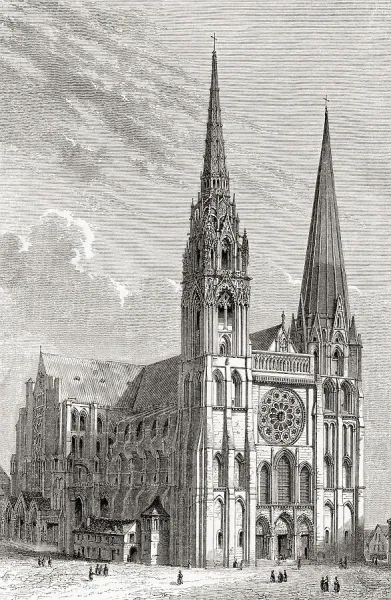 Chartres Cathedral, 19th Century Print, Chartres, France Chartres Cathedral, 19th Century Print, Chartres, France