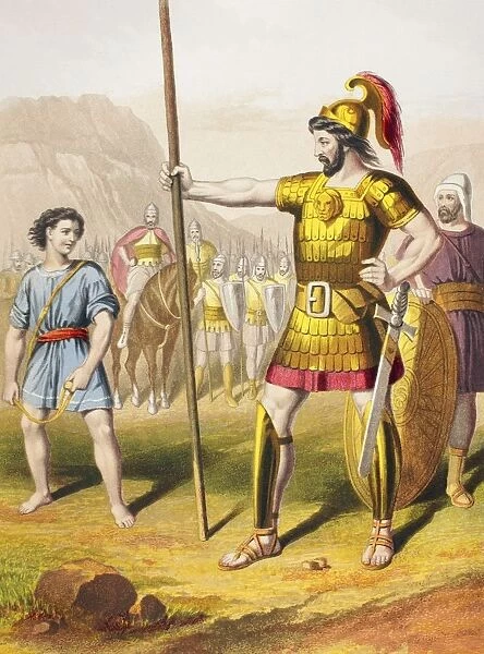 David Confronts Goliath. From The Holy Bible Published By William Collins, Sons, & Company In 1869. Chromolithograph By J. M. Kronheim & Co