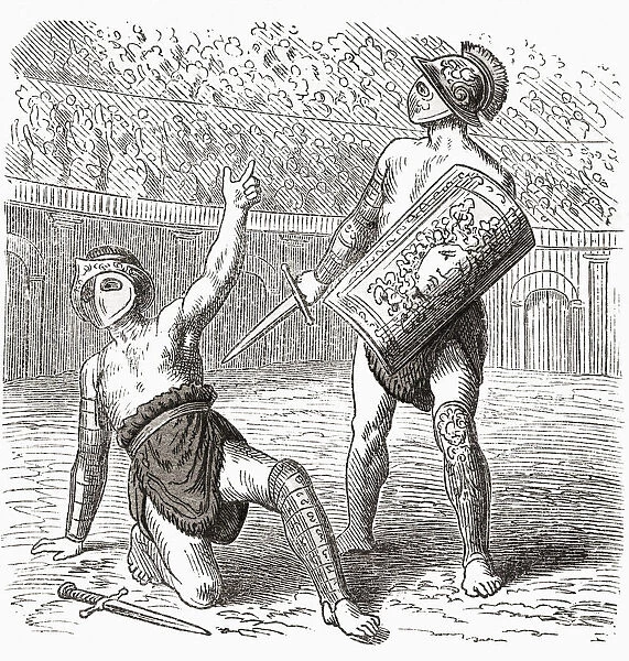 Defeated gladiator appeals to crowd for mercy. After a mid-19th century illustration by an unidentified artist; Illustration